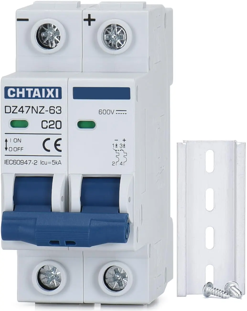 DC Miniature Circuit Breaker, 2 Pole 600V 20 Amp Isolator for Solar PV System, Thermal Magnetic Trip, DIN Rail Mount DC Disconnect Switch C20