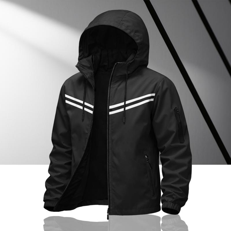 Men's double-strip reflective hooded racing jacket, light windproof fabric, zipper pocket, street function wind, daily commuting adaptation, trendy personality