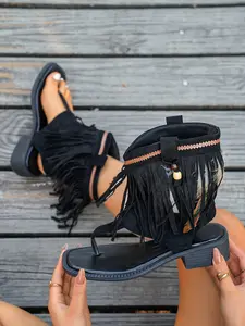 Women's Bohemian Tassel Feather Zipper Flat Sandals, Comfortable Casual Multi-Functional Party Roman Shoes, Round Toe Above Ankle