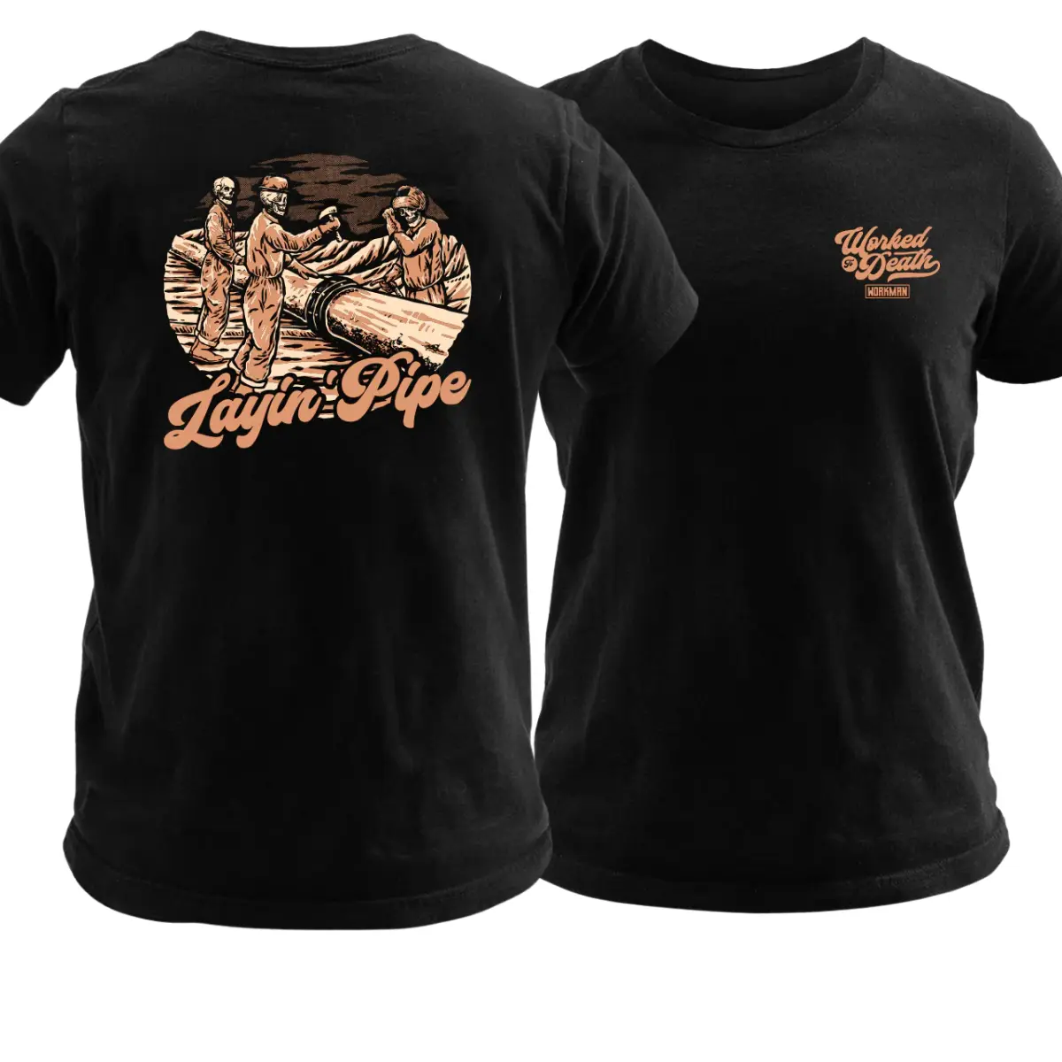 Layin’ Pipe Construction Worker T Shirt, Pipeline Crew Graphic Tee with Heavy Pipe Installation Scene, Soft Cotton Blend Shirt, Worked to Death Tradesman Apparel for Men & Women, Funny Pipeline Gift Idea