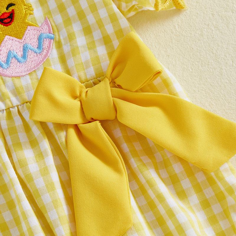 Baby Girl Easter Outfits Short Sleeve Chick Embroidery Romper with Headband Set Newborn Clothes