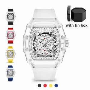 Men's Luxury Transparent Waterproof Barrel-Shaped Tonneau Skeleton Quartz Watch with Calendar Display & Luminous Markers Water Resistant Wristwatch for Daily Party & Outdoor Use Great Birthday Gift Idea with Tin Box Included