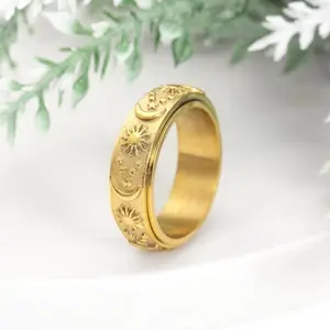 8 mm Vintage Stainless Steel Sun Moon Stars Rotatable Ring for Men Women, Stress Release Spinner Ring, Carved Hip-hop Biker Jewelry​
