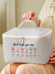 1 piece of tulip + God says you are 2D printed portable travel makeup, brush, and accessory organizer bag, storage box toolbox, large capacity travel wash and rinse supplies organizer bag, cute and fashionable makeup bag