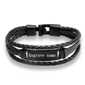 Personality Custom Logo Name Engrave Leather Bracelet Men Handmade life-saving Rope Id Bracelets