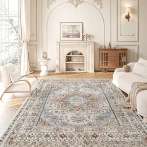 Ultra Soft Faux Cashmere Vintage Area Rug 5x7 8x10, Non-Slip TPR Rubber Backing Oriental Medallion Carpet, Machine Washable Distressed Boho Rug for Living Room Bedroom Dining Room, Skin-Friendly Large Floor Mat, Pet & Kid Friendly Home Decor Rugs