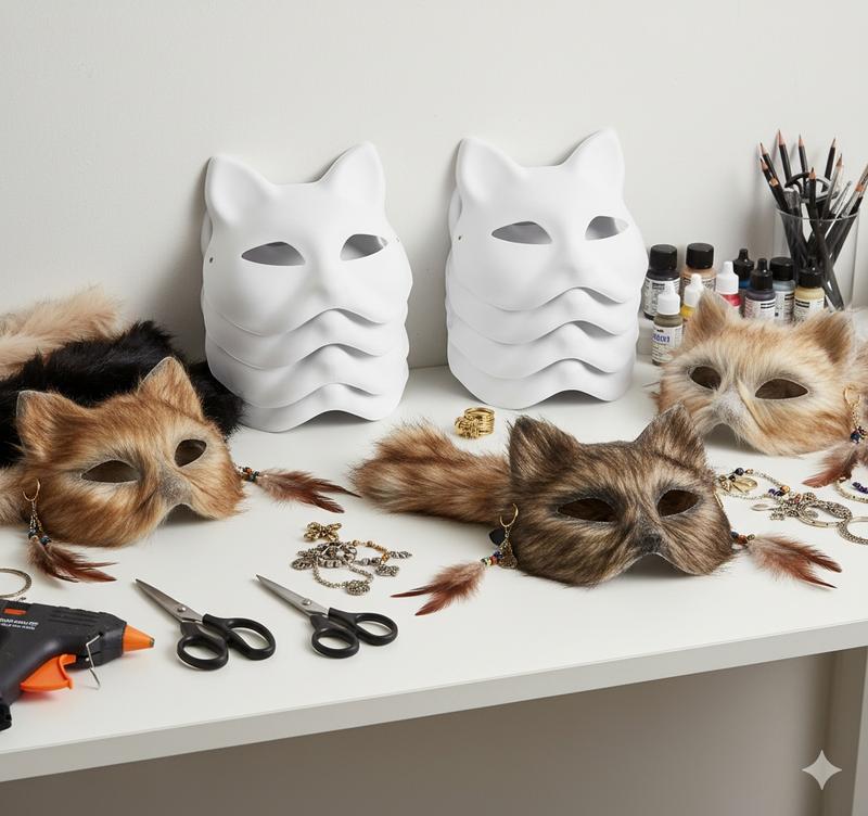 35 DIY Therian Mask Kit - 6PCS White Cat Animal Masks with Furs, Eye Mesh, 12-Color Paints, Whiskers & Brushes for Creative Cosplay Halloween Masquerade Party