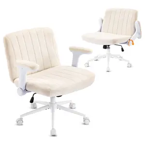 VINGLI Criss Cross Chair with Adjustable Flip-Up Arms,Cross Legged Chair with Wheels, Extra Wide Office Chair,Cozy Desk Chair for Home Office, Vanity, Apartment,Chenille Velvet,Beige