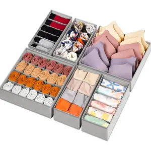 6 Pack Sock Underwear Drawer Organizer Dividers, 58 Cell Foldable Fabric Dresser Closet Organizers and Storage Bins for Clothing,  Clothes, Bra, Panty, Scarf, Ties (Grey)