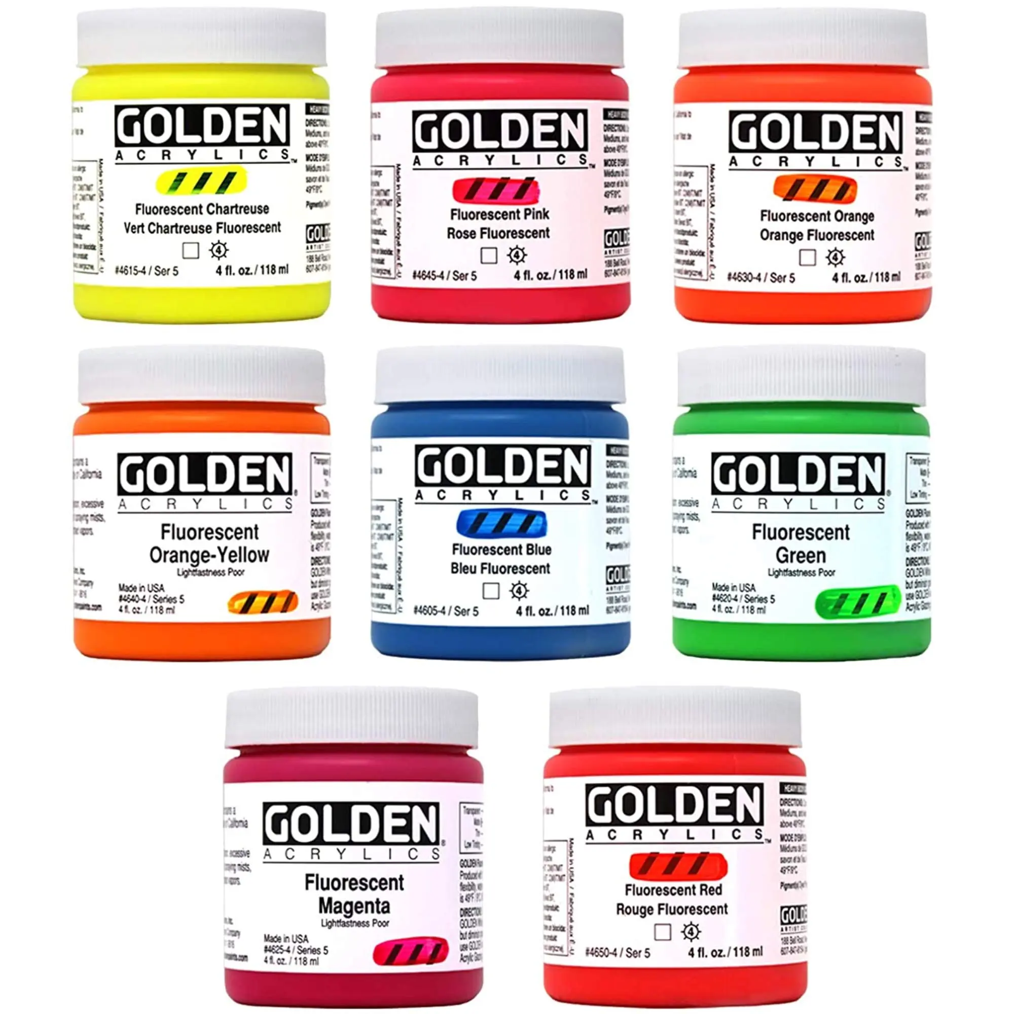 Golden Fluorescent Heavy Body Acrylic Paint Set of 8 Colors 4 Oz Each