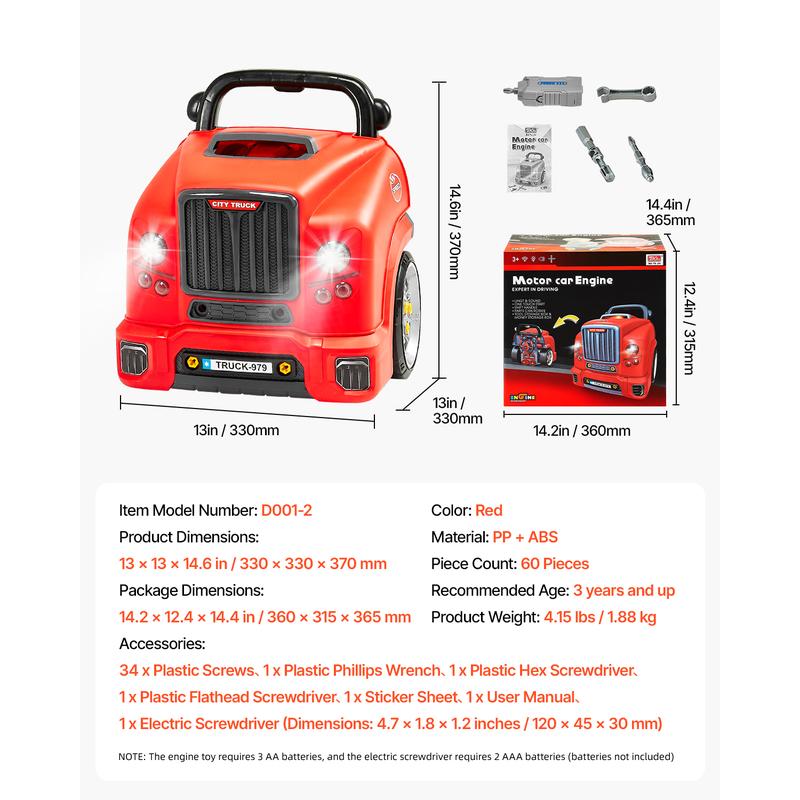 VEVOR Engine Toy, TikTokShopBlackFriday, 60 Pieces, Kids Mechanic Car Repair Set with Removable Parts, Lights and Sounds, Steering Wheel and Horn, Kids Mechanic Workshop Set for Toddler Ages 3 Years and Up, Red