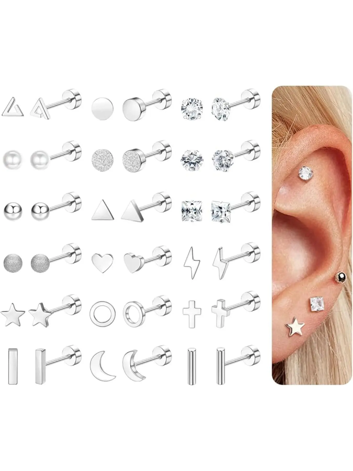 18 Pairs Stainless Steel Stud Earrings Jewelry for Women Men Cartilage Earrings Cross Moon Star Zircon Small Stud Earrings Screw Flat Back Earrings Silver Gold Earring Stack Ear Studs