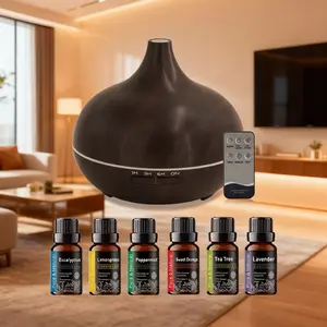Premium Wood Grain Aromatherapy Set: 550ml Essential Oil Diffuser with Remote, Ultrasonic Cool Mist Humidifier, 7-Color LED & 6 Essential Oils for Home and Office