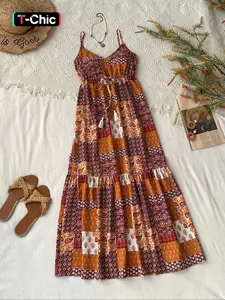 Women's Patchwork Floral Print  Cami Spaghetti Strap Dress, Boho Sleeveless  Dress for Beach Holiday Vacation, Ladies Clothes for Summer, Boho Bohemian Dress