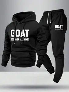 Spring/Autumn Lightweight Men's Goat God Rules All Letter Pattern Print Fun Jesus Christ-Themed Hoodie & Jogger Set, Stylish Casual Men's Pocket Street Sports Sweatpants with Elastic Waist & Drawstring, Two-Piece Long Trousers, Perfect Cool-Weather Gift f