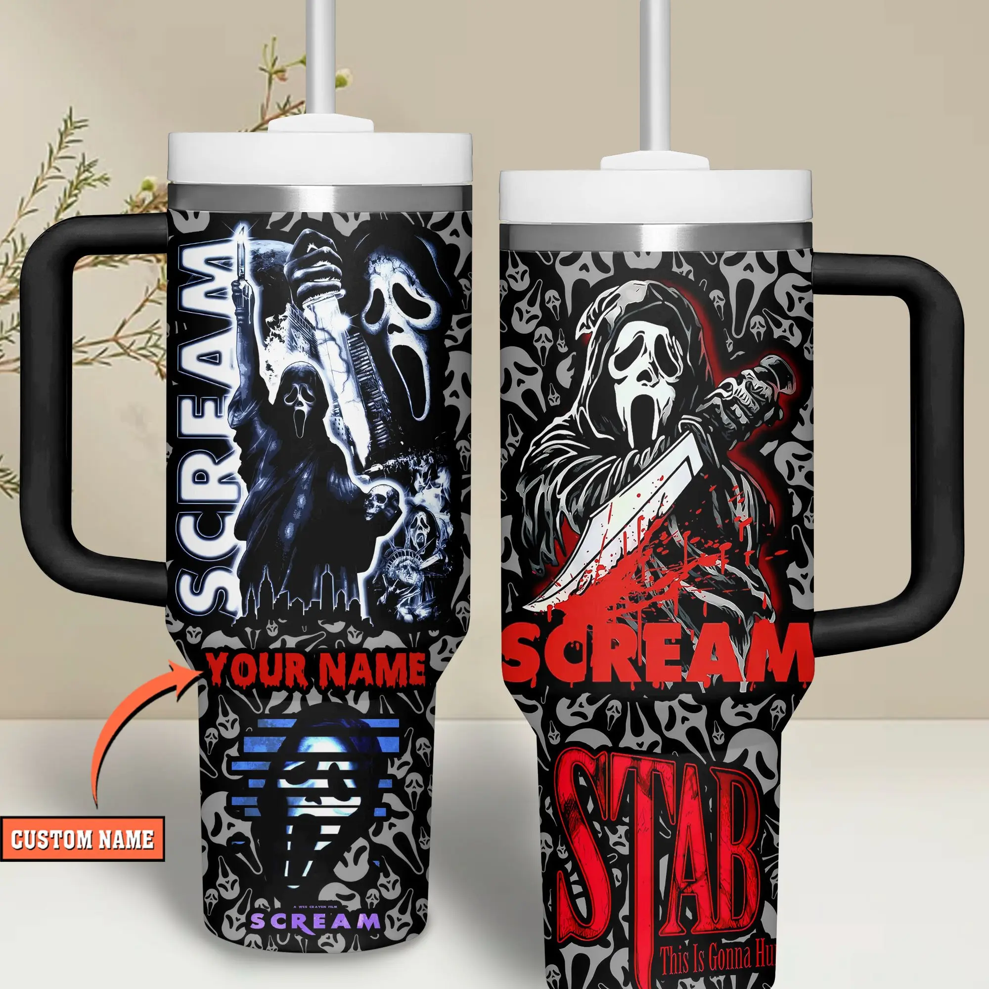 Custom Scream 40oz Tumbler, Ghostface Horror Travel Mug with Handle & Straw, Personalized Name Stainless Steel Cup, Slasher Movie Inspired Insulated Drinkware, Spooky Halloween Gift for Horror Fans, Coffee & Tea Lover Mug