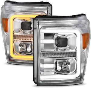AmeriLite Replacement Headlights for 2011-2016 Ford F250/350/450 Super Duty Switchback LED Tube Projector Chrome Assembly Set - Passenger and Driver Side