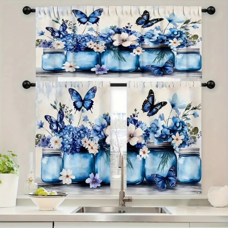 JOYFINITY 3pcs Set of Blue Bottle Floral Butterfly Print Kitchen Curtains for Home Decor Window Divider Room Colorful Foldable living Transparent Leaf