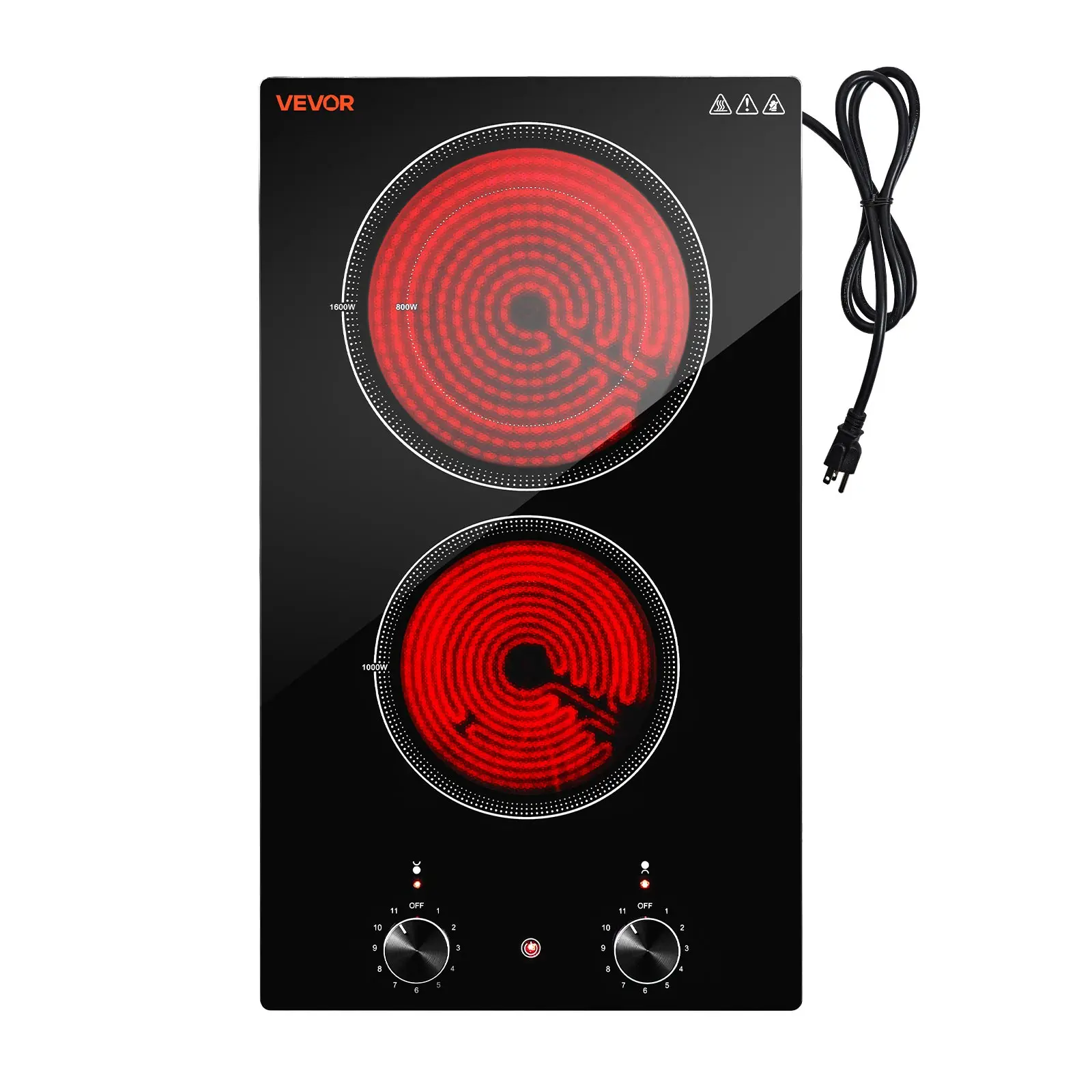 VEVOR Electric Cooktop 12in 2 Burners Portable Stove Top 1800W 120V Plug In, Ceramic Countertop/Built-in Radiant Electric Stove , with 11 Power Levels, Over-Heat Guard, Knob Control