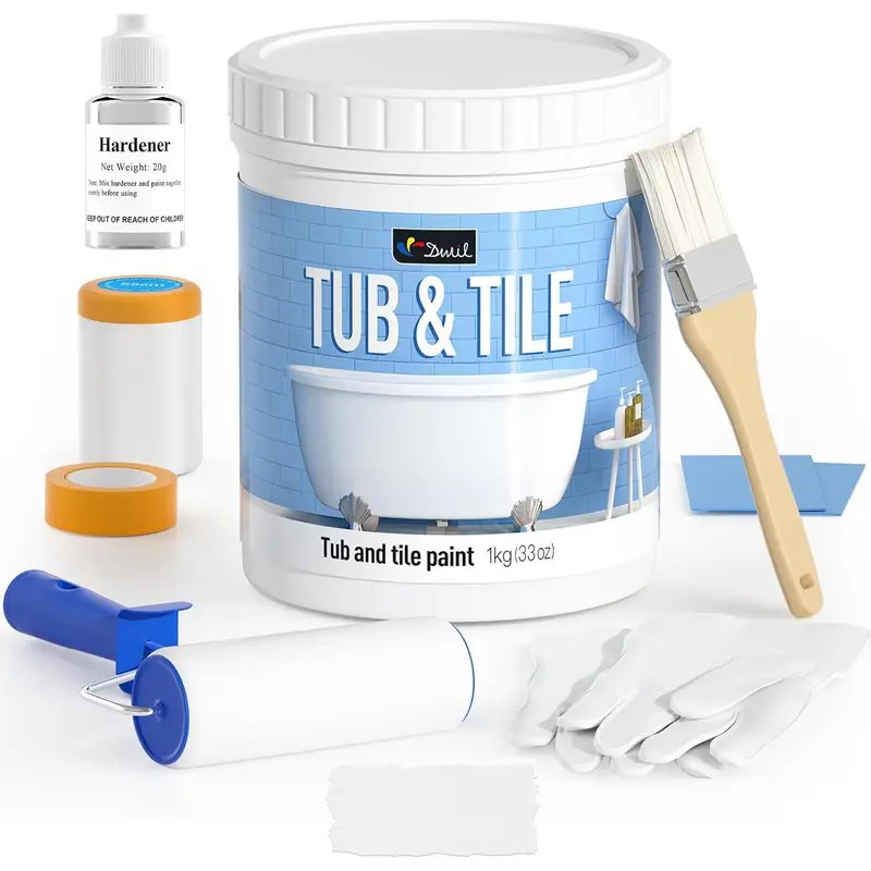 Tub Paint, Tub and Tile Refinishing Kit 33oz with Tools, Tile Refinishing Kit White Bathtub Paint Water Based &Low Odor, Easy to Use Sink for Bathroom Kitchen, Semi-Gloss White, 50-55sq.ft