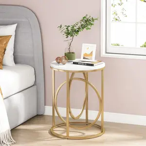 Emoottoo TB-J0166 20 in. Round End Table for Living Room - Modern Marble with Metal Frame - White & Gold