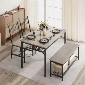 Space-Saving 4-Piece Dining Table Set, Modern Vintage Style with Chairs & Storage Bench, Rectangular Kitchen Table with Wine Rack, Sturdy Metal Frame, Ideal for Apartments & Small Spaces