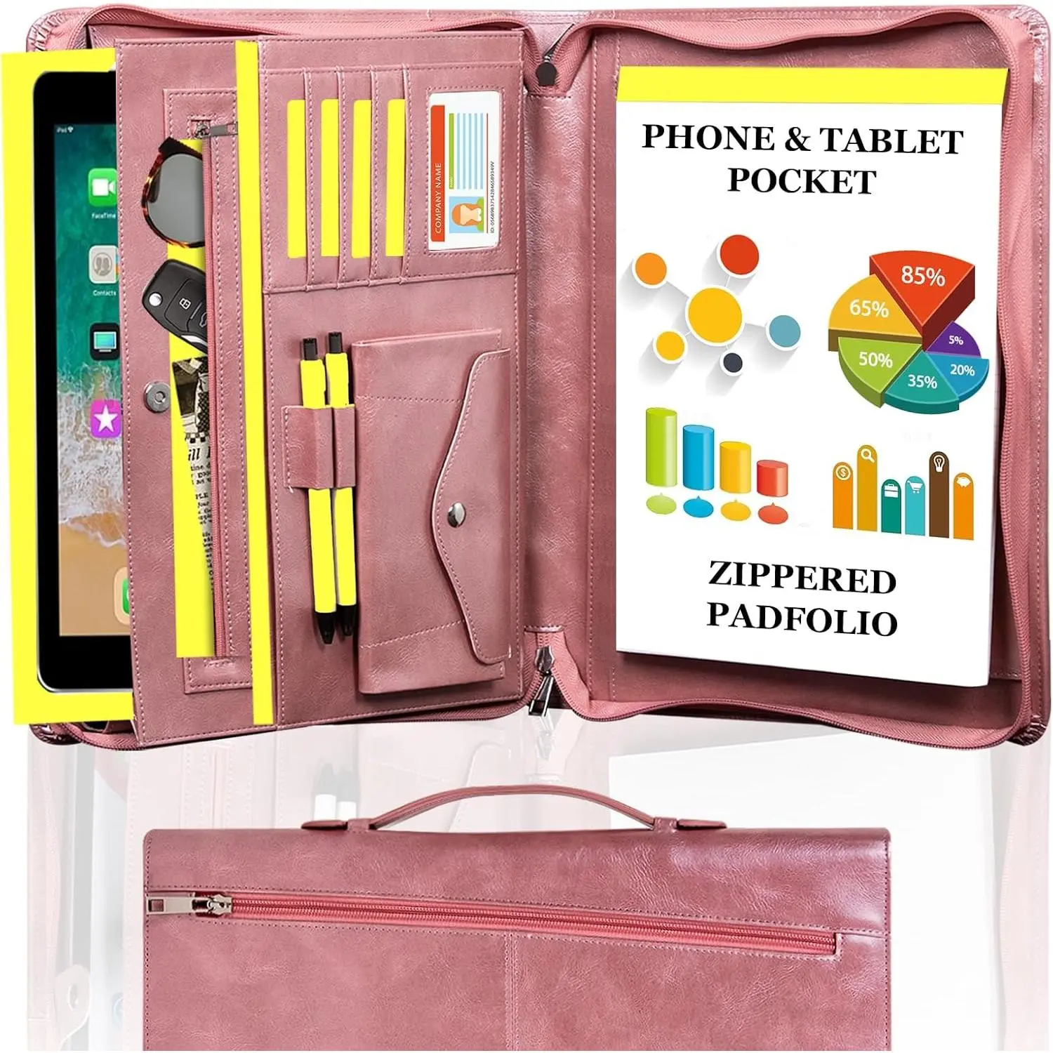Portfolio Binder,Vegan Pu Leather Padfolio for Women Organizer with Zippered, A4 Notepad Holder, Fits 13.3" iPad, Portable Portfolio with Handle and Business Card - Rose
