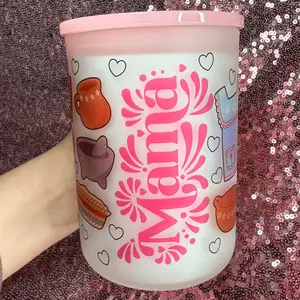 Mexican Mama 17oz Frosted Glass Mug With Pink Lid and Reusable Straw