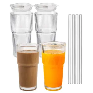 2 Pcs 20 Oz Glass Cups With Lid And Straw 4 Set, Glass Tumbler With Straw And Lid, Vintage Glassware For Whiskey Cocktail Beer, Iced Coffee Cups With Lid