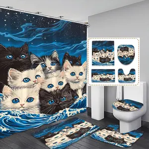 Creative Godspeed Surfing Cat Print Bath Curtain Set, Waterproof Shower Curtains with Hooks, Bathroom Decorations, Christmas Gift