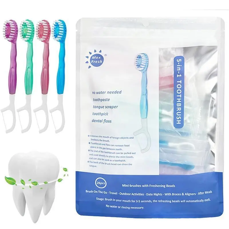 Dating and Party Need 26pcs/Pack 5-in-1 Mini Toothbrush Set – Disposable Toothbrush with Floss, Tongue Scraper, Toothpick & Toothpaste. Individually Wrapped Oral Care Kit for Fresh Breath, Travel, Work, Dating & Business Trips, Portable & Compact