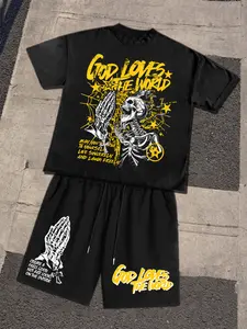 Men's Fashion Skull Letter Print Short Sleeve Knit T-Shirt & Drawstring Shorts Set, Casual Summer, Comfortable & Stylish Design