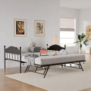 Daybed with Trundle Metal Twin Size Day Bed with Stylish Headboard Sofa BedFrame with Pop Up Foldable Trundle Bed Heavy Duty Steel Slats Platform for Living Room Bedroom and Guest Room Black