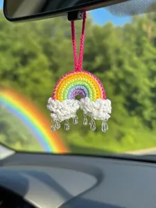 Crochet Rainbow Car Charm: Boho Rearview Mirror Hanger