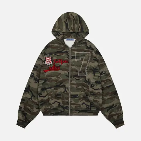 Aelfric Eden Unisex Camo Zip Hoodie Embroidered Pattern 77  Loose Street Style Y2K Oversized Sweatshirt,clothes for back to school,first day of school outfits