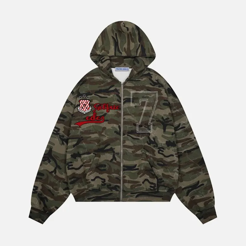 Aelfric Eden Unisex Camo Zip Hoodie Embroidered Pattern 77  Loose Street Style Y2K Oversized Sweatshirt,clothes for back to school,first day of school outfits