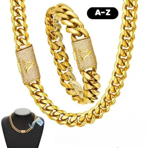Set 2Pcs 18K Gold Vacuum Plated with 5A+ Sri Lanka Zircon Stainless Steel Chain & Copper Letter A-Z Flip Clasp Miami Cuban Link Chain Italy Mexico & Micro Inspired Unisex Hip Hop 14mm Necklace&Bracelet for Men & Women Jewelry,Daily Wear,Cas