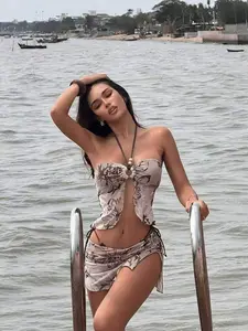 Meghana New Spring/Summer Printed Mesh Patchwork Beaded Accessories 3 Pieces Bikini Set, Halter Neck Swimsuit For Beach