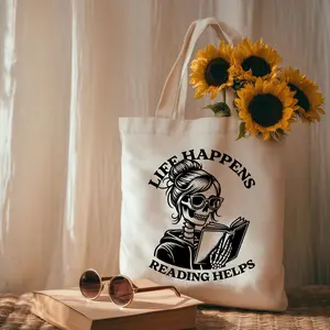 Life Happens Reading Helps Tote Bag Funny Skeleton Canvas Book Bag