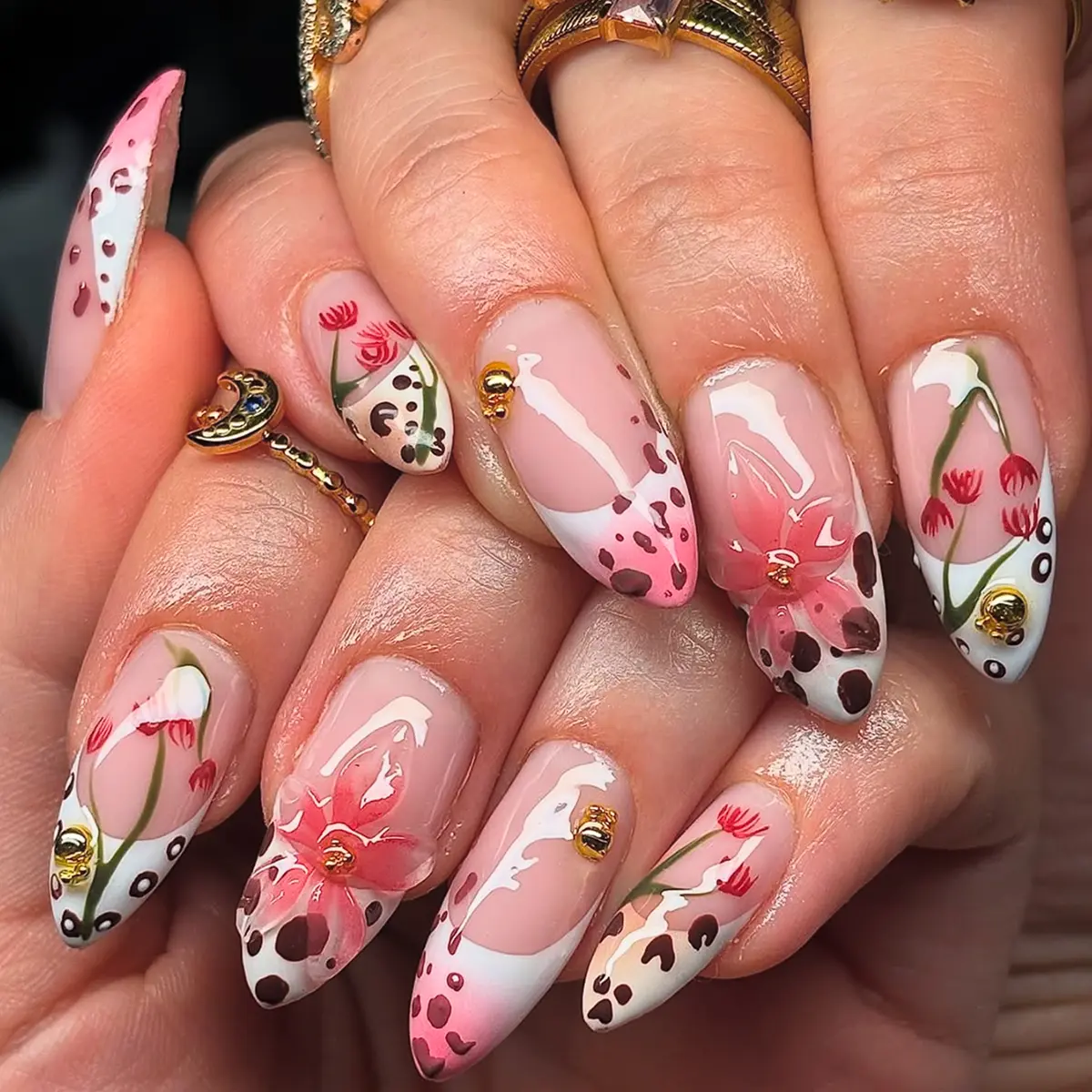 24 pieces almond shaped pink nails 3D carvings beige leopard print rose pink gradient autumn new Nail Art Design, nail designs, Flower Design Nails, press on fake nails with jelly glue 1 rub strip