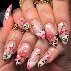 24 pieces almond shaped pink nails 3D carvings beige leopard print rose pink gradient autumn new Nail Art Design, Flower Design Nails, press on fake nails with jelly glue 1 rub strip
