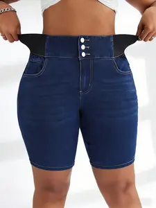 Elegant High-Waisted Yoga Pants for Women, Comfortable Stretch Knit Denim Mid-Thigh Shorts, Casual Fitted Design with Pockets, Multi pocket shorts