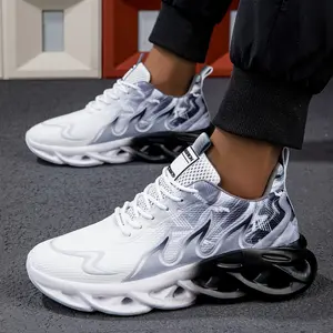 Thick Sole Breathable Mesh Sneakers - Men's Height Boost Casual Running Shoes With Geometric Pattern - Black & White Gradient Comfortable Walking Sports Footwear