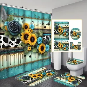1/4pcs Watercolor Floral and Sunflower Design Shower Curtain Set, Includes Non-Slip Mat, U-Shaped Rug and Toilet Cover, Perfect for Bathroom Decor and Space Beautification, Bathroom Decoration Accessories, 12 Shower Curtain Hooks Included