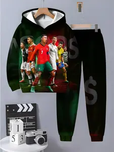 Boys' 3D Printed Cristiano Ronaldo Casual Hoodie Sweatshirts Set, Spring & Fall Long Sleeve Sports, Comfortable Fit, Must-Have Fan Gear Hoodies