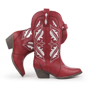 Hawkwell Women's Embroidered Stitched Mid Calf Cowboy Boots Pointed Toe Chunky Block Heel Classic Pull On Cowgirl Western Booties