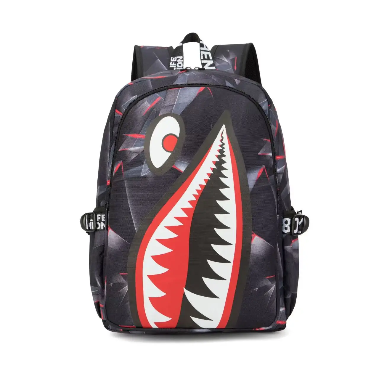 Sprayground Shark Mouth Print Geometric Background Backpack, Lightweight Large-Capacity School Rucksack for Outdoor Travel (Sports & Outdoor Accessory)