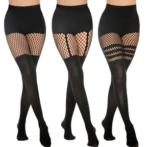 TIVIRA  Fishnet Tights - 3 Pairs Mock Thigh High Suspender Pantyhose with Lace Detailing for Women's Chic Style