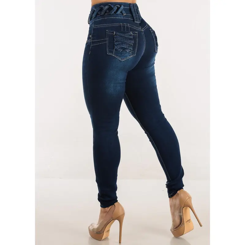 Women’s High Waist Dark Wash Skinny Jeans, Push Up Stretch Denim with Lace-Up Waist and Tummy Control – Womenswear MX JEANS by ModaXpress