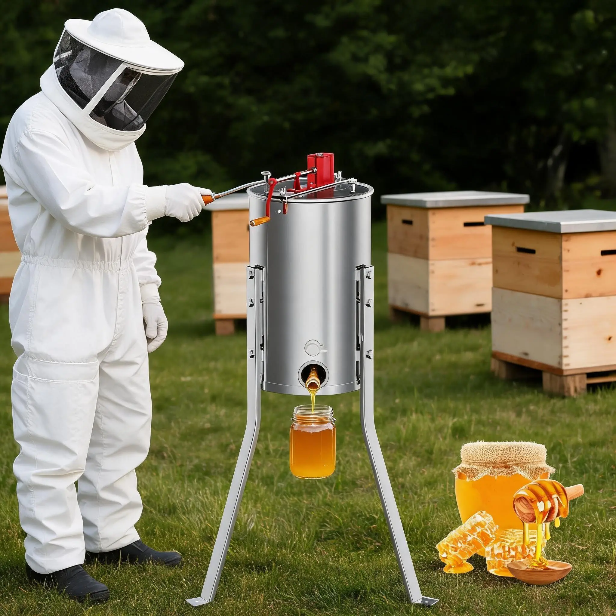 3 Frame Honey Extractor, Stainless Steel Manual Honey Extractor with Adjustable Height Stand, Clear Transparent Lid, Beekeeping Supplies